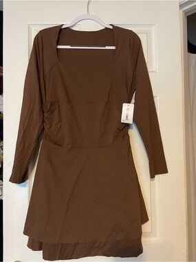 Kivari Brown Long Sleeve Square Neck A-Line Dress